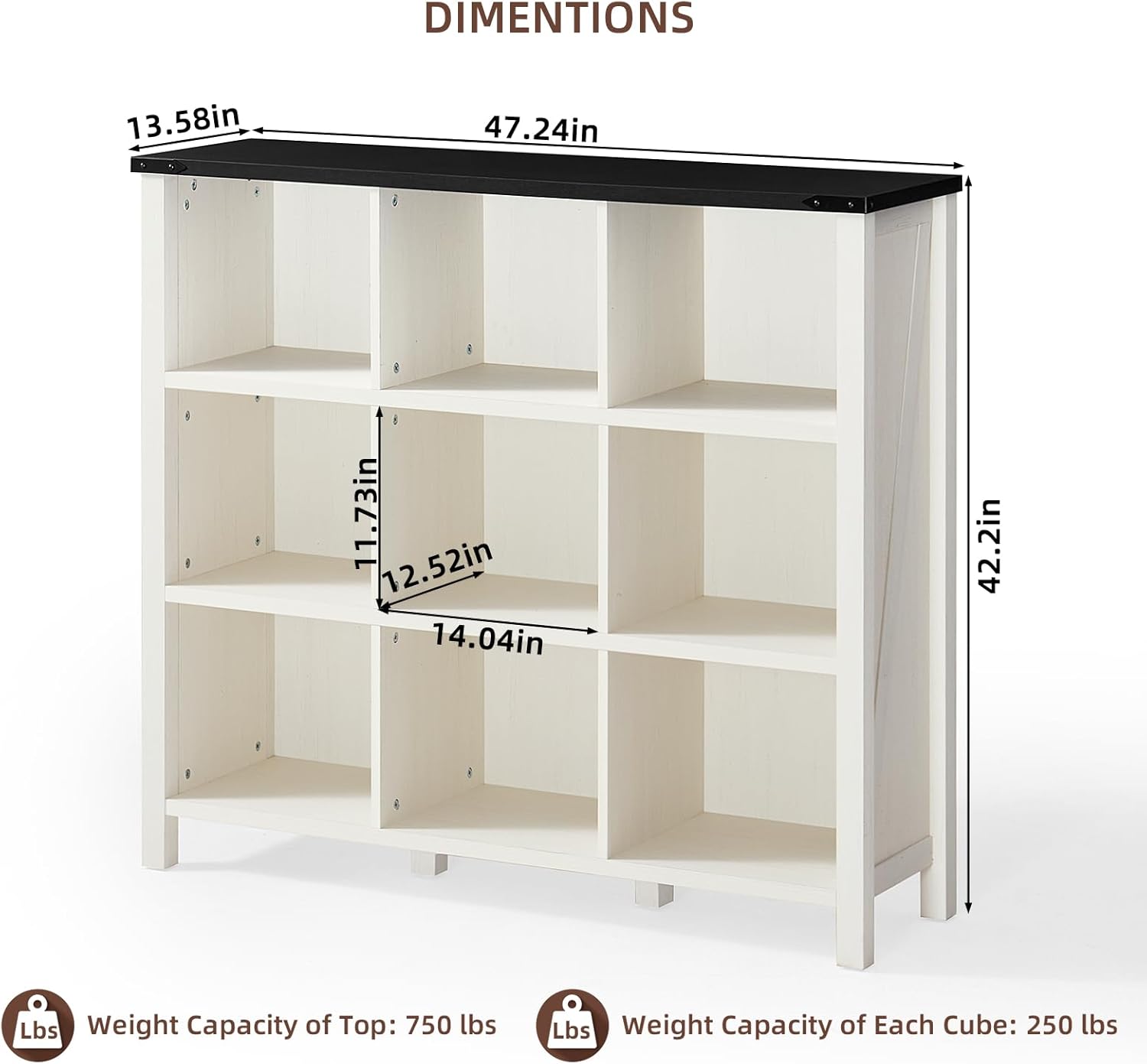 9 Cube Bookcase, Farmhouse 47 Inch Wide White Bookshelf, Wooden 3 Tier Display Large Open Book