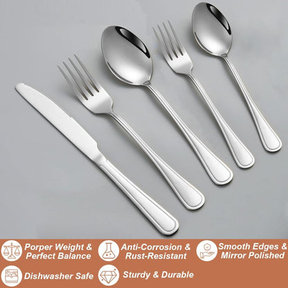 40 Pcs Silverware Set for 8 with Simple Striped Handle Design, Food Grade Stainless Steel Flatware