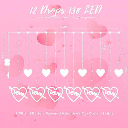 Valentines Day Decor, 138LED Love Heart Curtain Lights with Remote 8 Modes for Bedroom, USB and