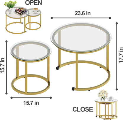 aboxoo Gold Nesting Coffee Table Set of 2, Small Glass Round Nesting Tables for Living Room