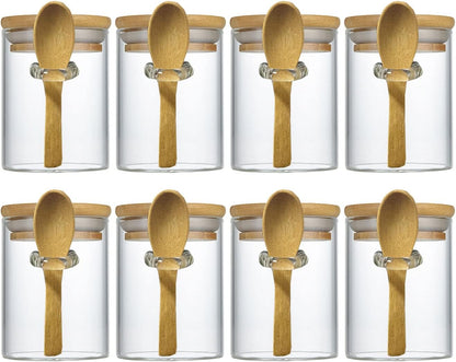 7.6 oz Airtight Mini Glass Jars with Bamboo Lids and Bamboo Spoons, Spice Jars Small Food Storage