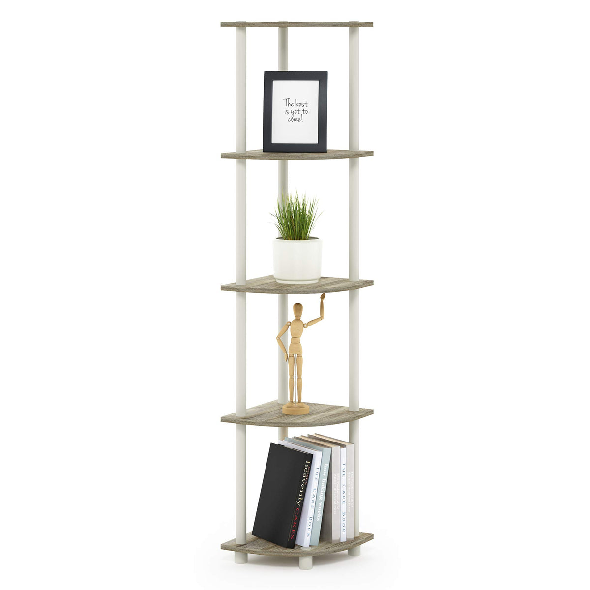 Furinno TURN-N-TUBE Corner Shelf, 5-Tier Corner Bookshelf, Open Storage Shelves, for Organization