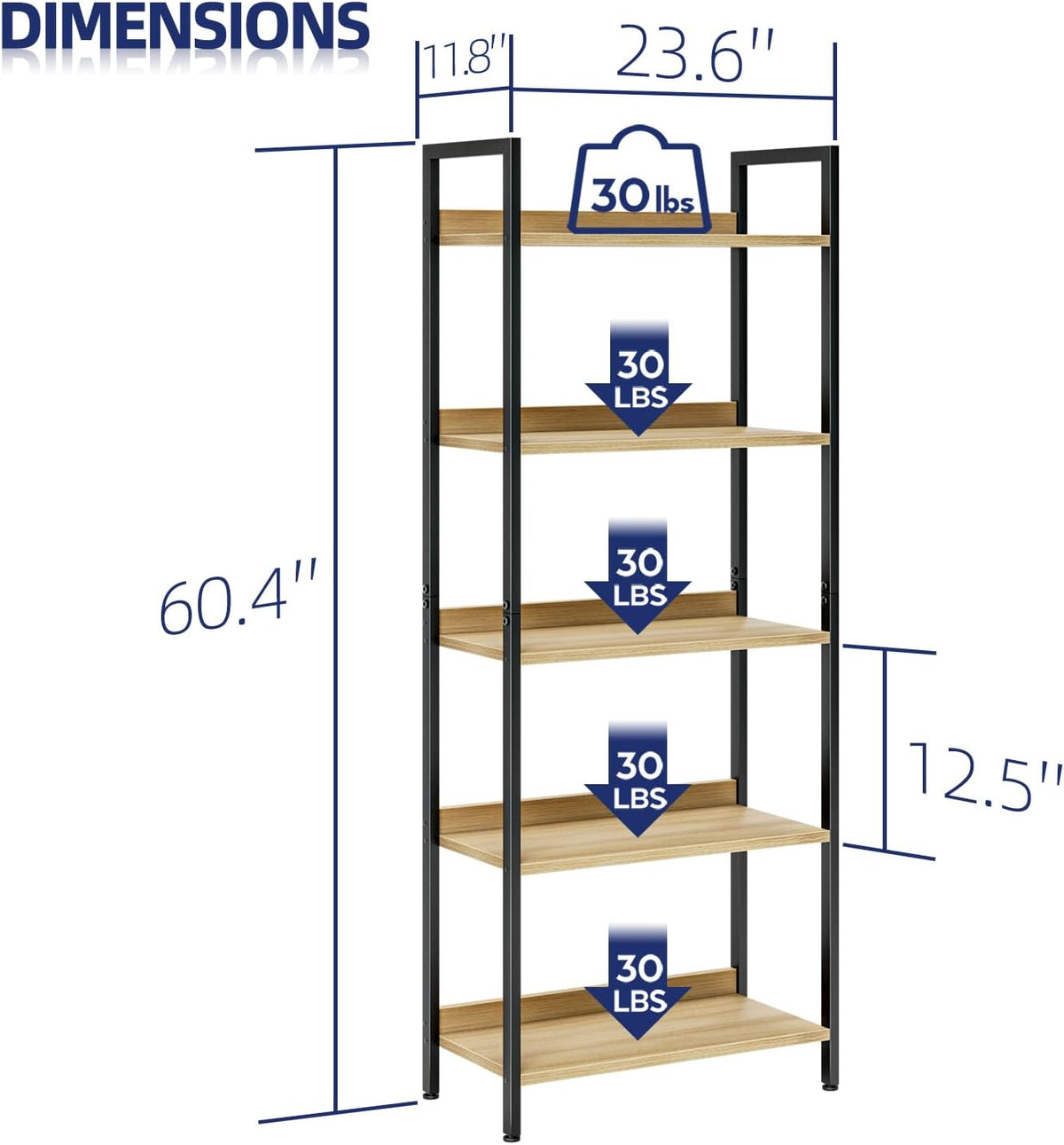 NUMENN Bookshelf, 5 Tier Bookshelves, Home Office Bookcase Shelf Storage Organizer, Free Standing