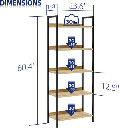 NUMENN Bookshelf, 5 Tier Bookshelves, Home Office Bookcase Shelf Storage Organizer, Free Standing