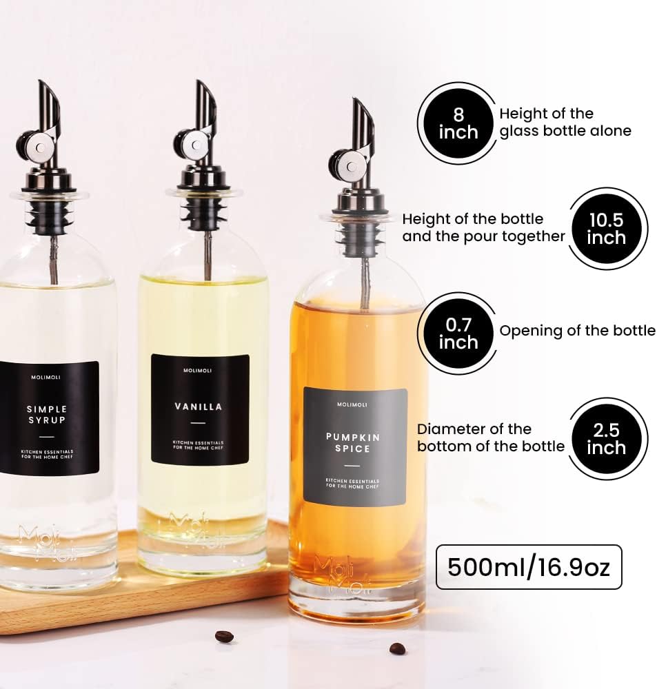 Molimoli Oil and Vinegar Dispenser with Metal Pour Spout, Weighted Pourer, Glass Bottle Dispenser
