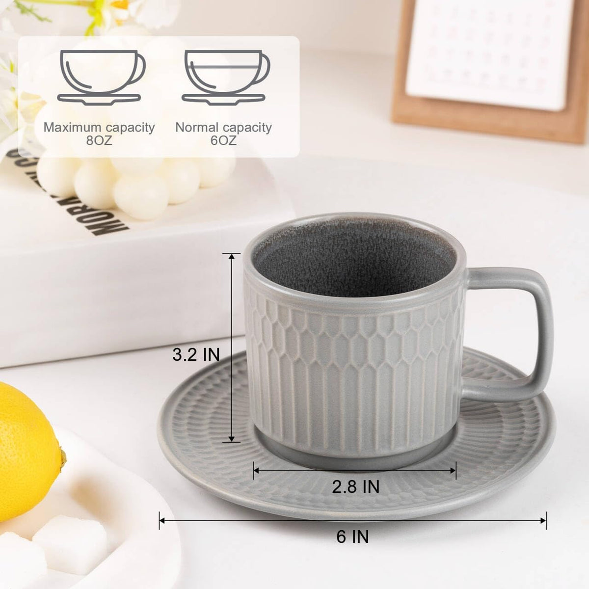 Large Cappuccino Cups with Saucers Set of 4, 8 Ounce Stackable Embossed Ceramic Coffee Mugs for