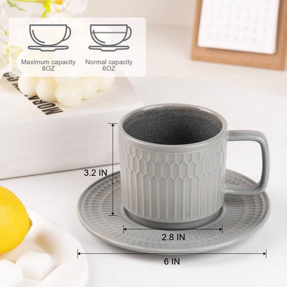 Large Cappuccino Cups with Saucers Set of 4, 8 Ounce Stackable Embossed Ceramic Coffee Mugs for