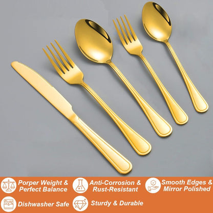 20 Pcs Gold Silverware Set for 4 with Simple Striped Handle Design, Food Grade Stainless Steel