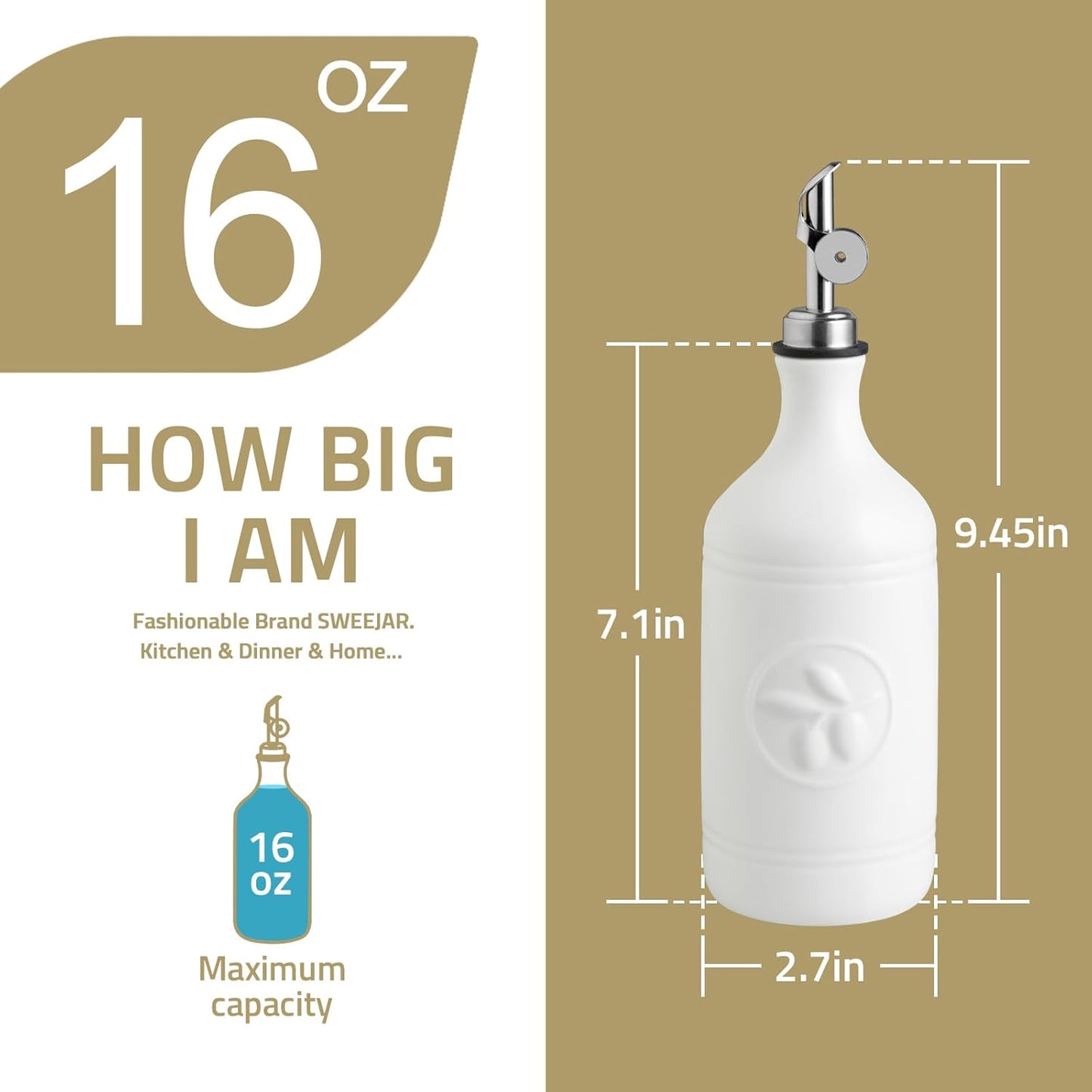 Sweejar 16 Oz Ceramic Olive Oil Dispenser Bottle, Oil Dispenser for Kitchen with Gravity Spout