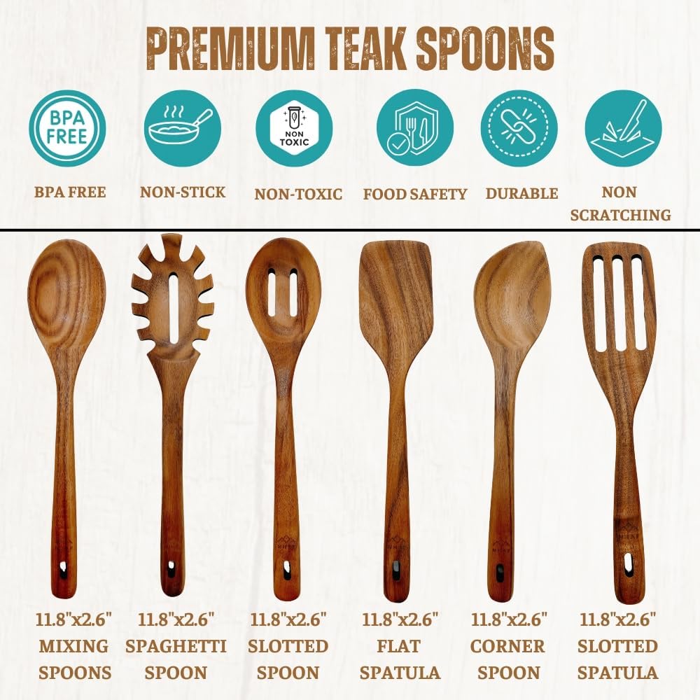 Wooden Utensils for Cooking, Premium Teak Healthy Spoons, Wooden Spoons for Cooking, Durable