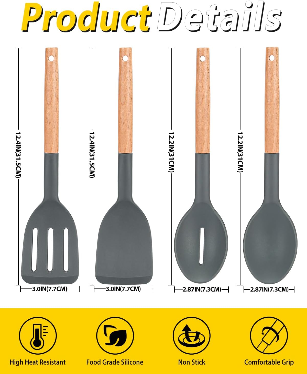 Pack of 4 Silicone Cooking Utensils Set, Non Stick Solid Spatulas and Heat Resistant Slotted Spoons