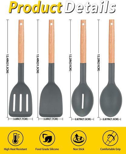 Pack of 4 Silicone Cooking Utensils Set, Non Stick Solid Spatulas and Heat Resistant Slotted Spoons