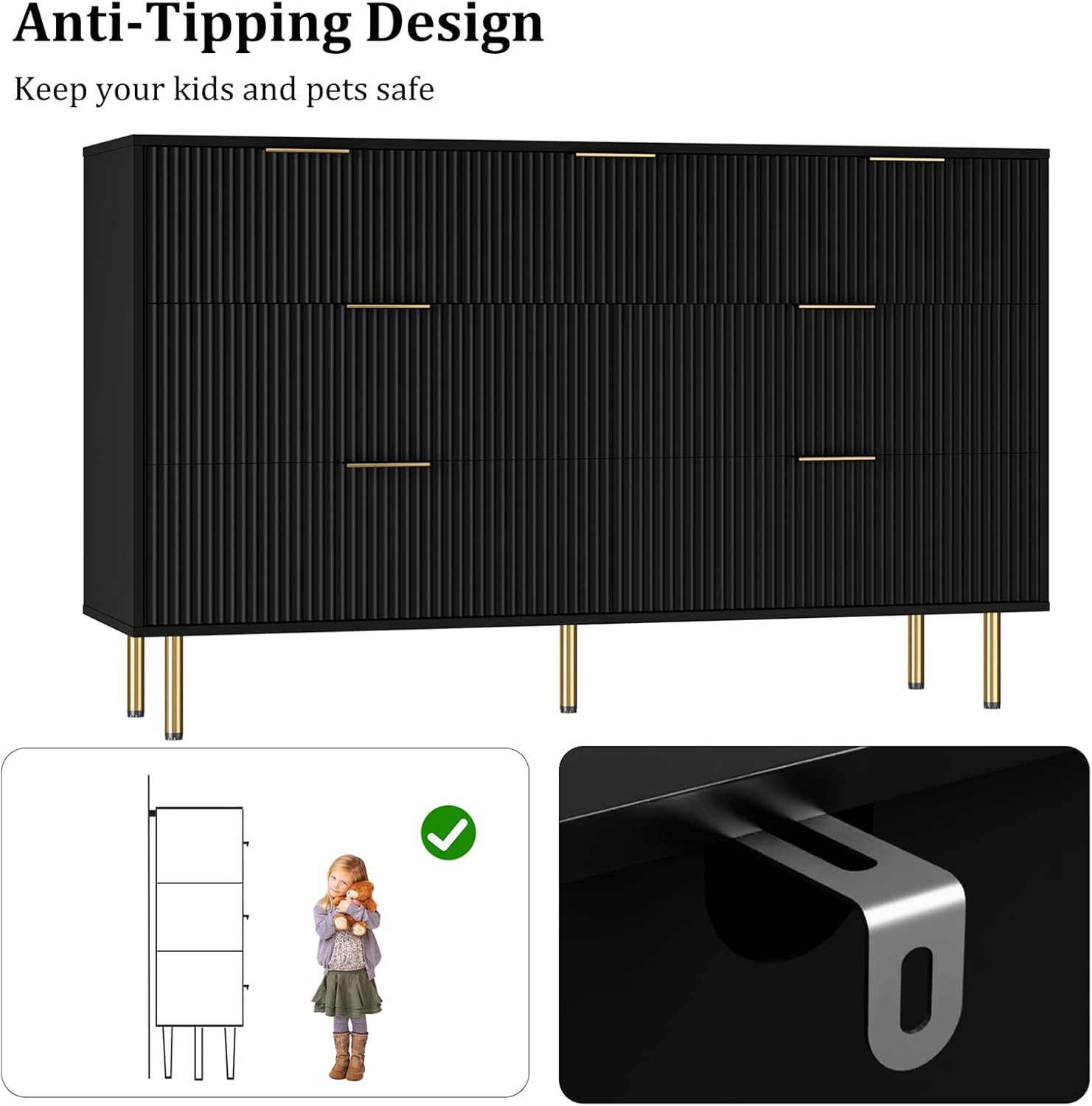 7 Drawers Dresser for Bedroom, Fluted Dresser Chest of Drawers with Gold Handle, Wood Modern