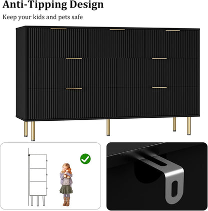 7 Drawers Dresser for Bedroom, Fluted Dresser Chest of Drawers with Gold Handle, Wood Modern