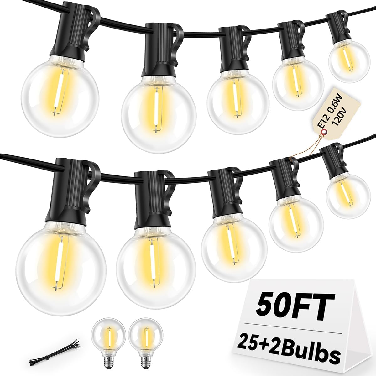 50FT G40 LED String Lights with 25 Shatterproof Bulbs (2 Spares), E12 Sockets, 2700K Warm White