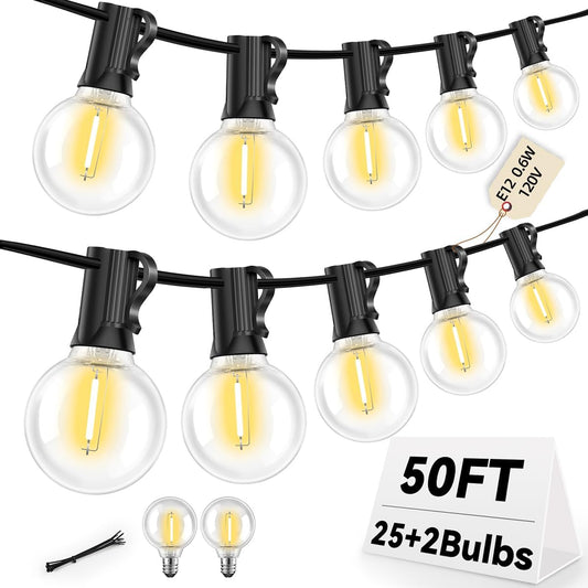50FT G40 LED String Lights with 25 Shatterproof Bulbs (2 Spares), E12 Sockets, 2700K Warm White