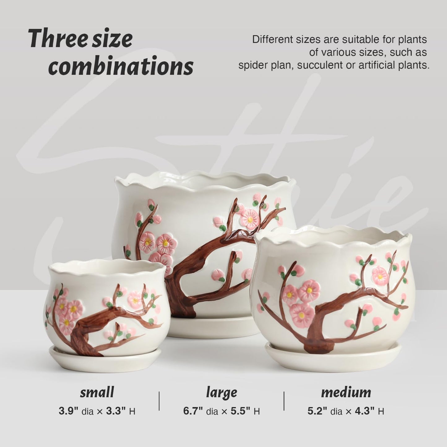 Ceramic Plant Pots with Drainage Holes and Saucers, Round Flower Pots for Indoor Plant, 3.9/5.2/6.7