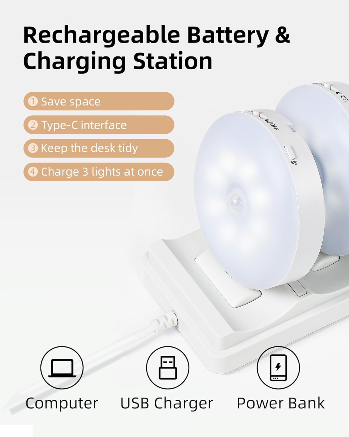 EZVALO Under Cabinet Lighting with Charging Station,1000mAh Rechargeable Puck Lights with Remote, 3
