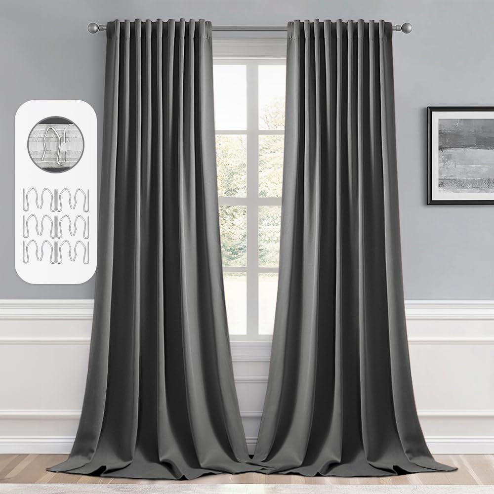 MIULEE Back Tab Grey Blackout Curtains 96 Inch Long 2 Panels Set for Living Room Bedroom, Rod