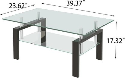 Glass Coffee Table Rectangle Living Room Center Table, with Tempered Glass Tabletop Black Metal