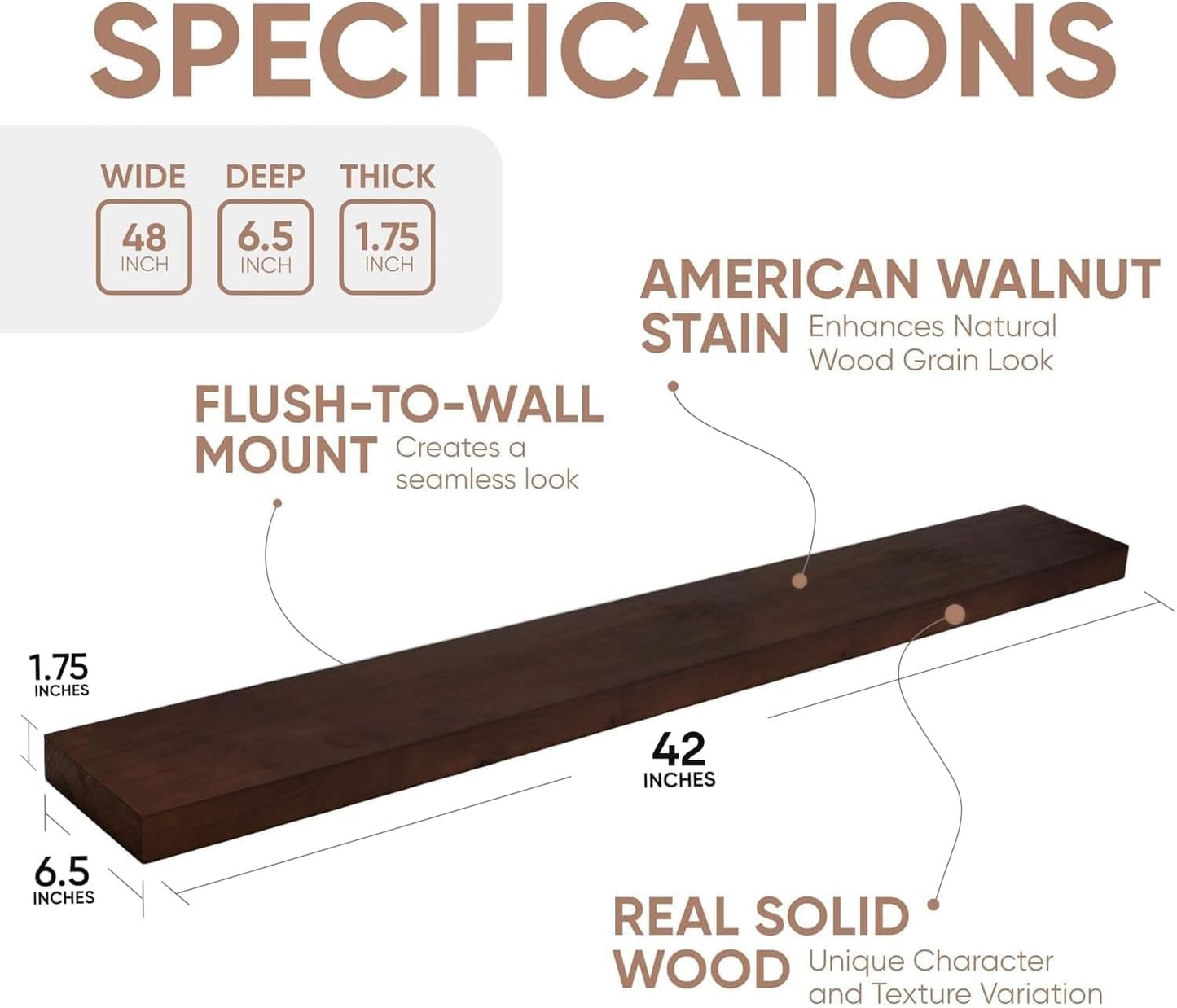 Homeforia Walnut 42 inch Floating Shelves, High End Solid Real Wood 42inch Floating Shelf for Wall