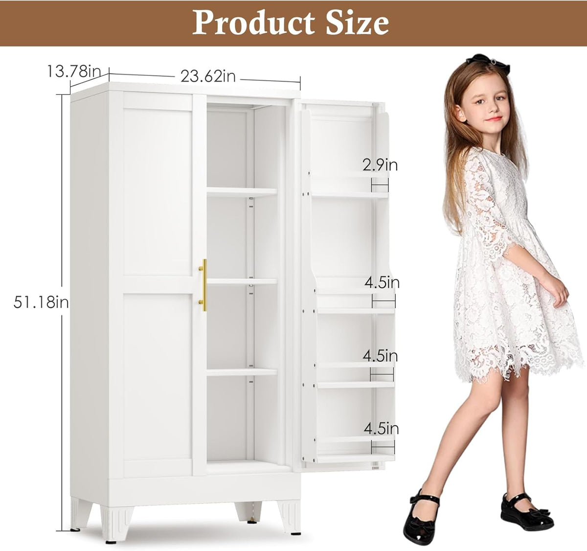 51" Metal Kitchen Pantry Cabinet, Storage Cabinets with 2 Door and 3 Adjustable Shelves, White