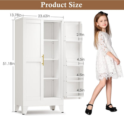 51" Metal Kitchen Pantry Cabinet, Storage Cabinets with 2 Door and 3 Adjustable Shelves, White