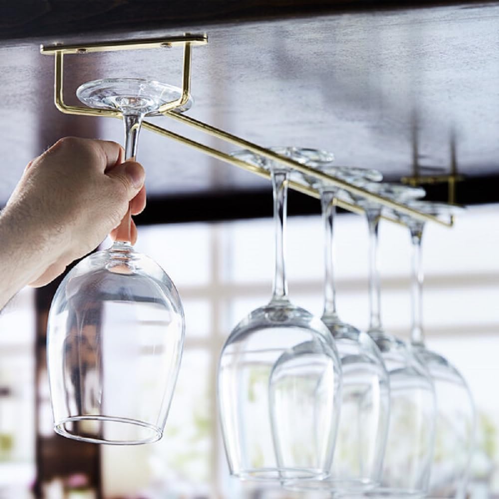 Soro Essentials- 24" Glass Hanging Stemware Rack Brass Plated Set of 2- Wine Glass Hangers Under