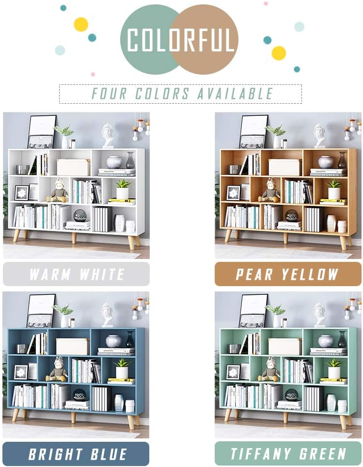 IOTXY Wooden Open Shelf Bookcase - 3-Tier Floor Standing Display Cabinet Rack with Legs, 10 Cubes