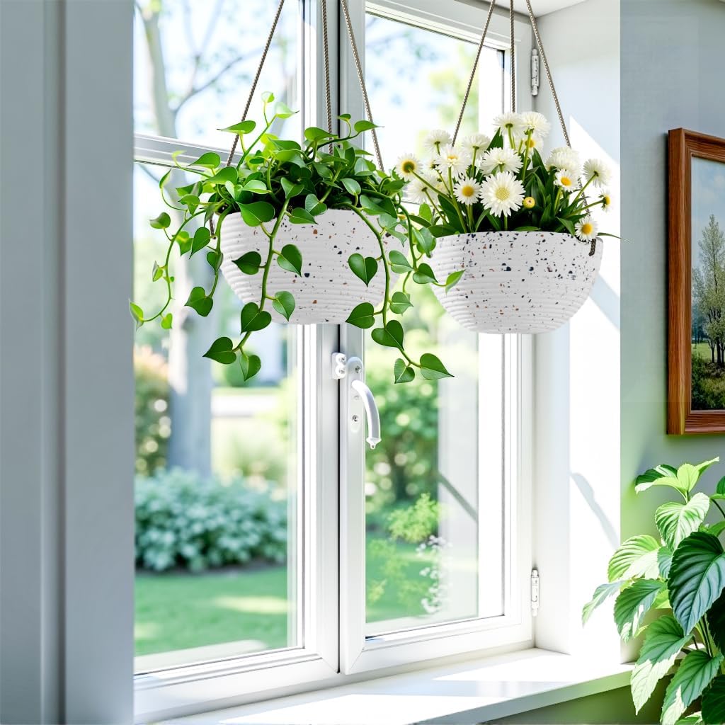 Line Pattern 10 Inch Hanging Planter for Indoor Outdoor Plants, 2 Pack Round Hanging Pots for