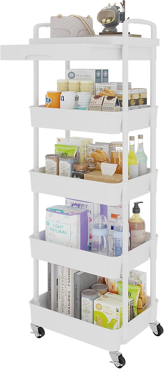 Calmootey 5-Tier Rolling Utility Cart with Drawer,Multifunctional Storage Organizer with Plastic