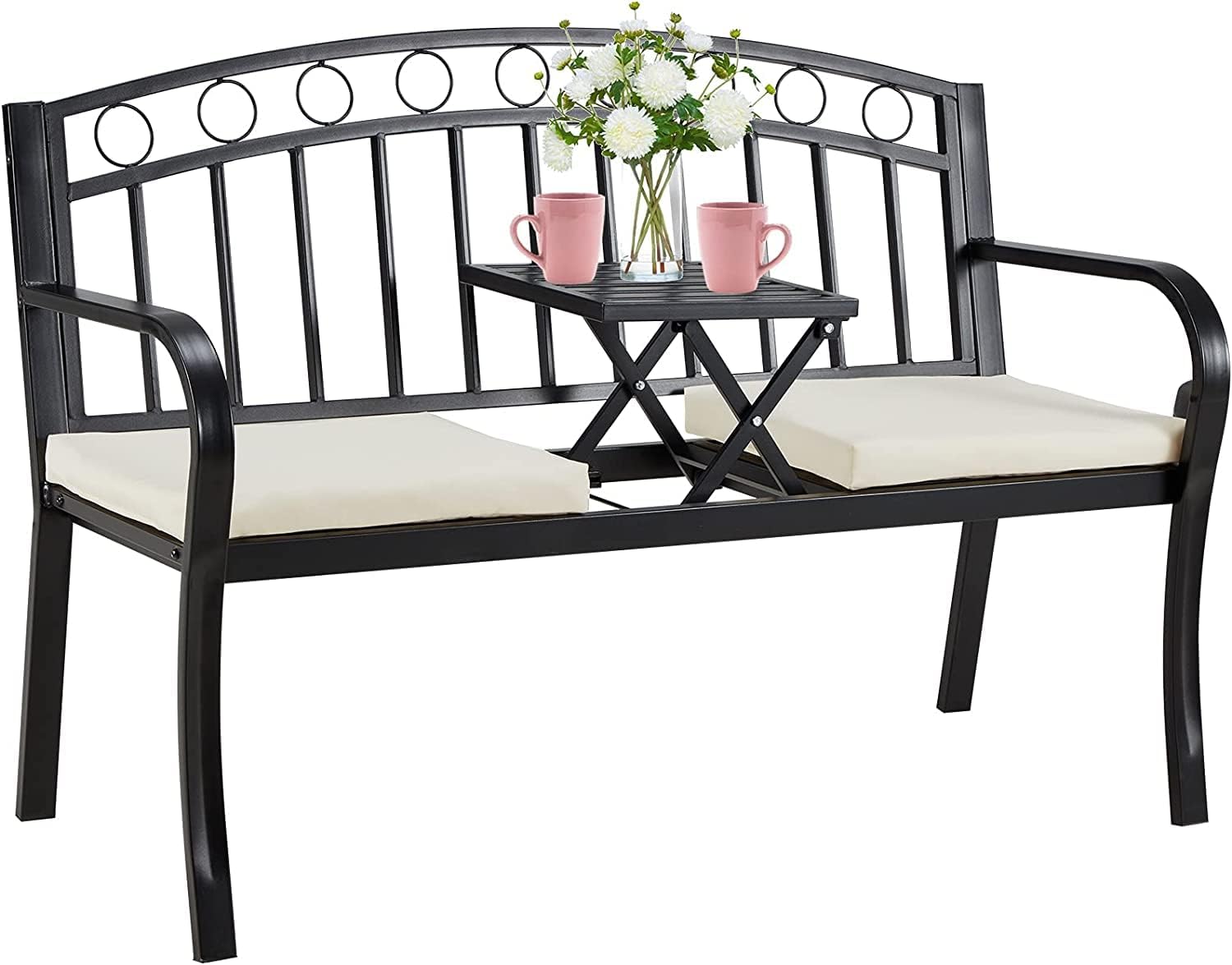 AVAWING Outdoor Metal Garden Bench, 2-Seat Patio Porch Bench with Steel Frame, Park Bench w/Pullout