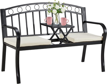 AVAWING Outdoor Metal Garden Bench, 2-Seat Patio Porch Bench with Steel Frame, Park Bench w/Pullout