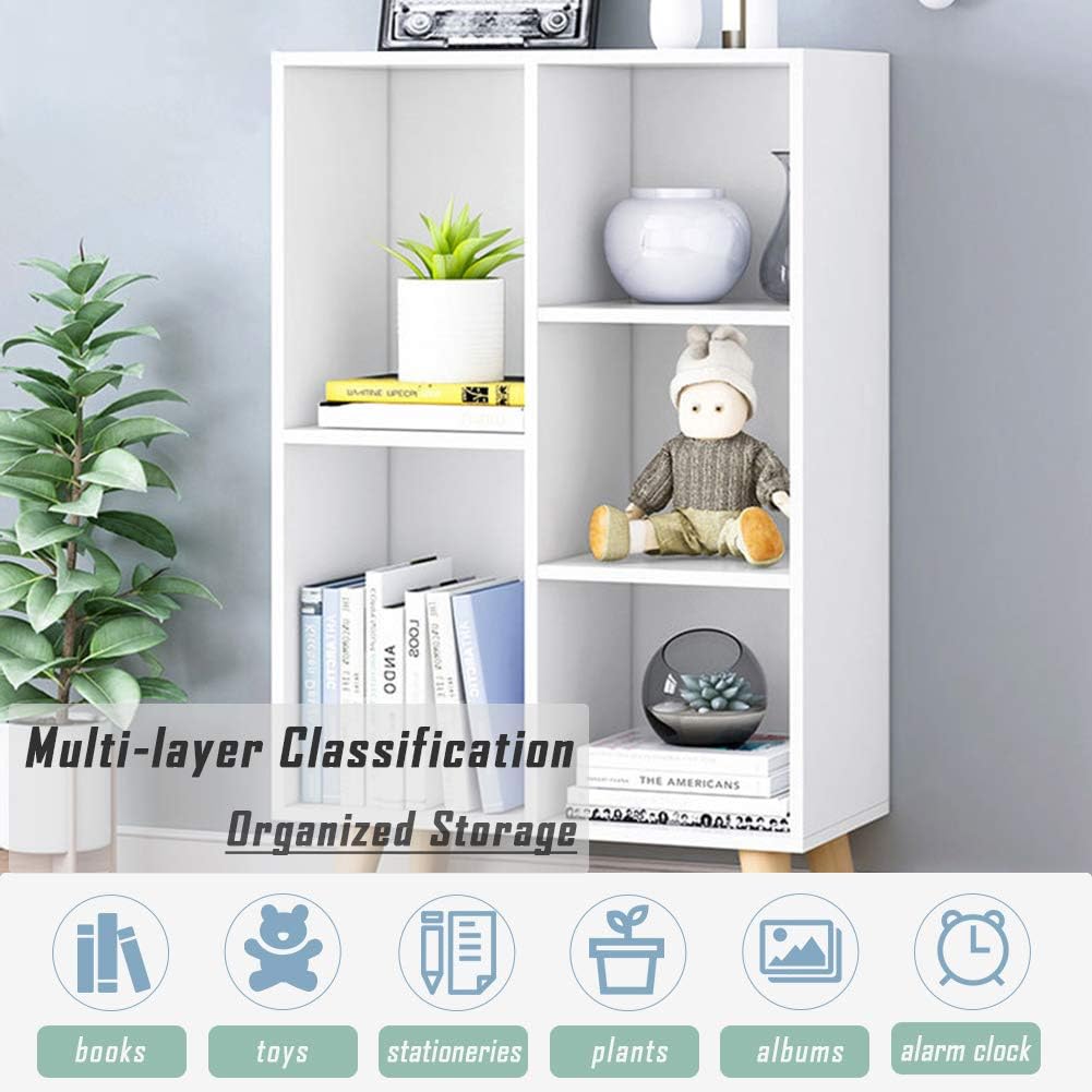 IOTXY Wooden Open Shelf Bookcase - 3-Tier Floor Standing Display Cabinet Rack with Legs, 5 Cubes