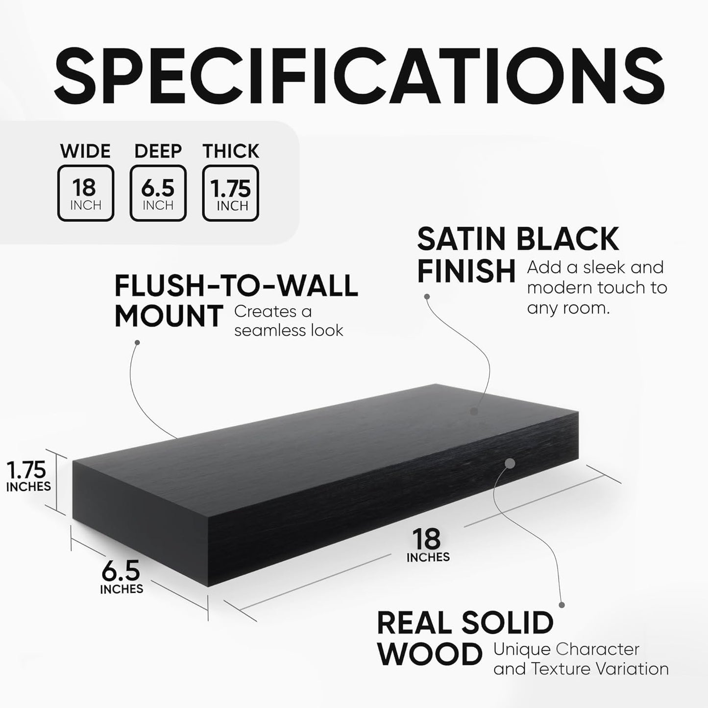 Homeforia Black Floating Shelf 18 inch, High End Solid Real Wood 18inch Bathroom Floating Shelves