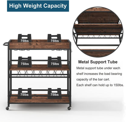 BON AUGURE Bar Cart for The Home, Rolling Home Bar Serving Cart on Wheels, 3 Tier Liquor Beverage