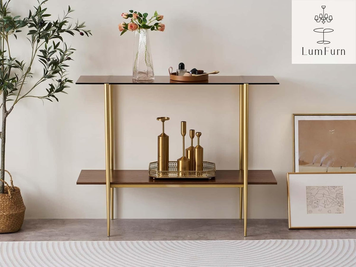Glass Console Table for Living Room, Foyer & Entrance, 2-Tiers Mid-Century Modern Sofa Table with