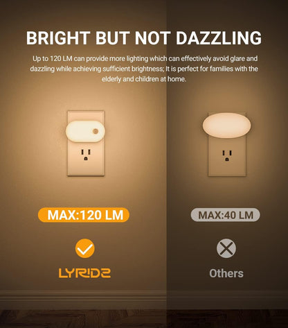 Lyridz Plug in Night Light with Motion Sensor, Smart Warm White LED Nightlights with 1-120LM