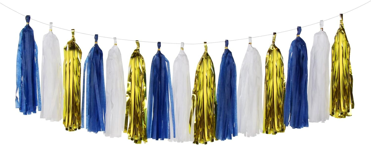 Navy-Blue White-Gold Tassel Garland Streamers- 15pcs Tissue Paper Tassels Banner Party Decorations