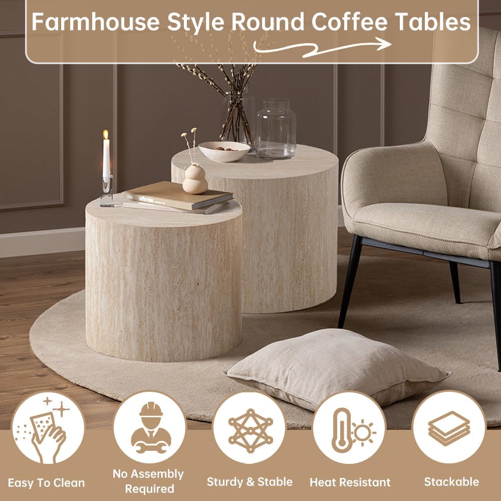 Round Nesting Coffee Table Set of 2 Modern Small Round Coffee Table Travertine Side Table Small End