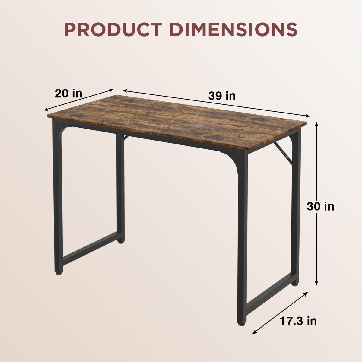 PayLessHere | 39 Inch Computer Desk | Brown | Office Desk with Metal Frame, Adjustable Feet |