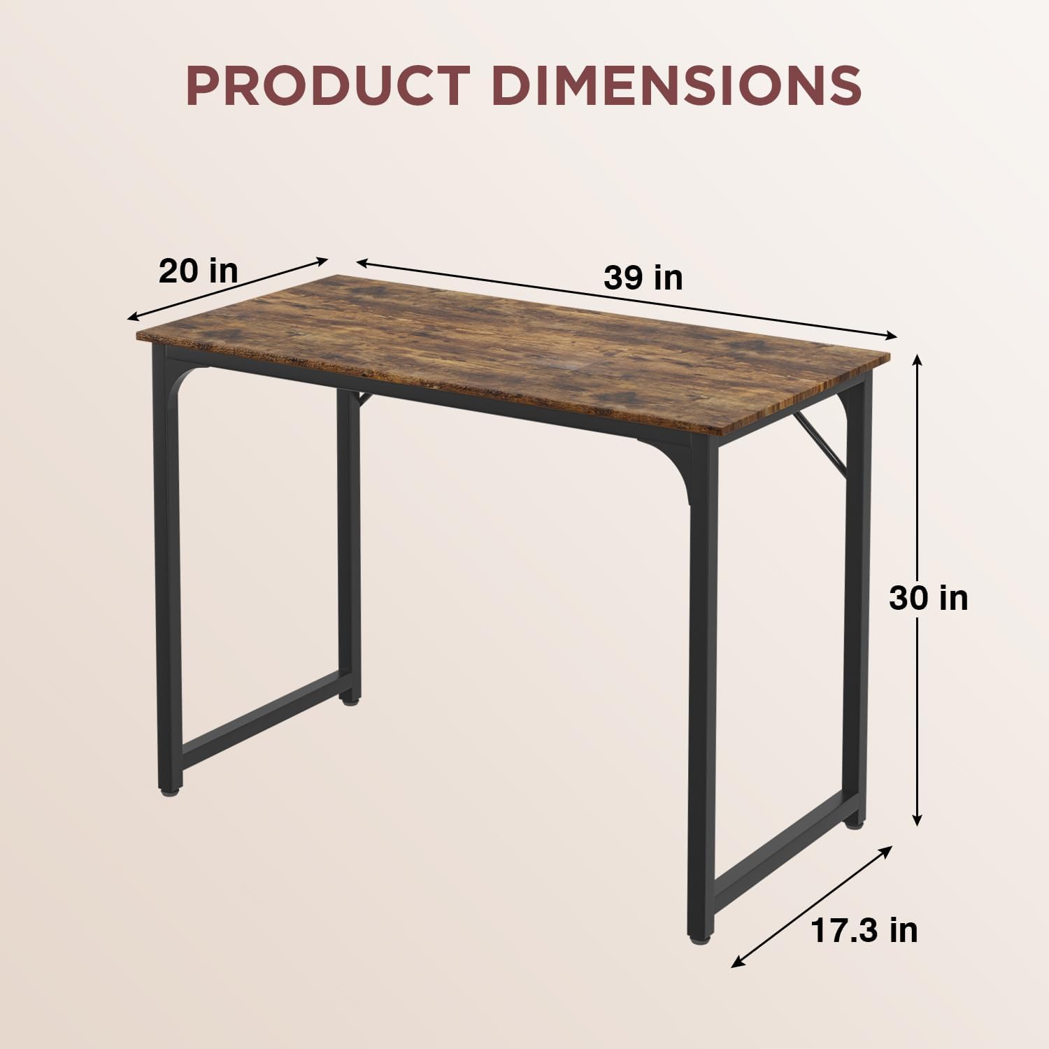 PayLessHere | 39 Inch Computer Desk | Brown | Office Desk with Metal Frame, Adjustable Feet |