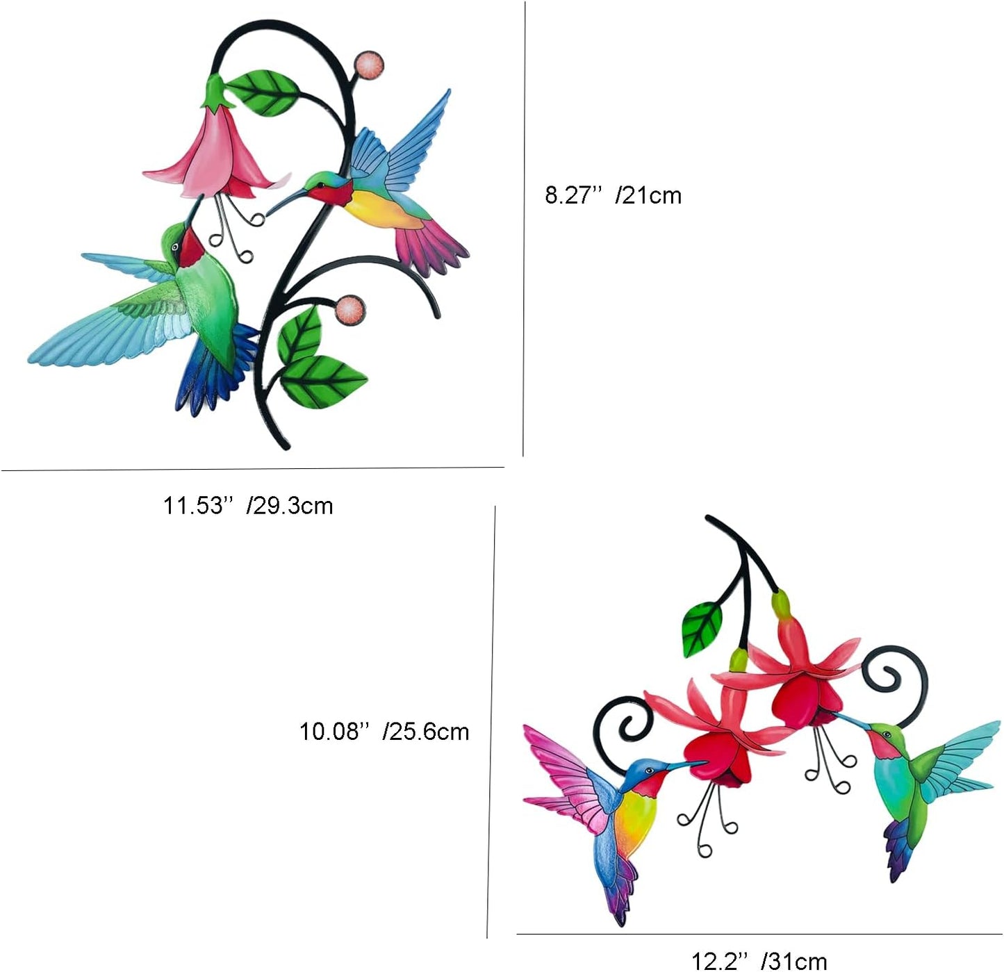 2 Pack Metal Hummingbird & Flower Outdoor Wall Art Decor, Creative Wall Decor for Patio, Fence