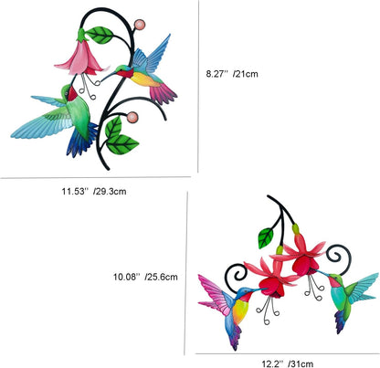 2 Pack Metal Hummingbird & Flower Outdoor Wall Art Decor, Creative Wall Decor for Patio, Fence