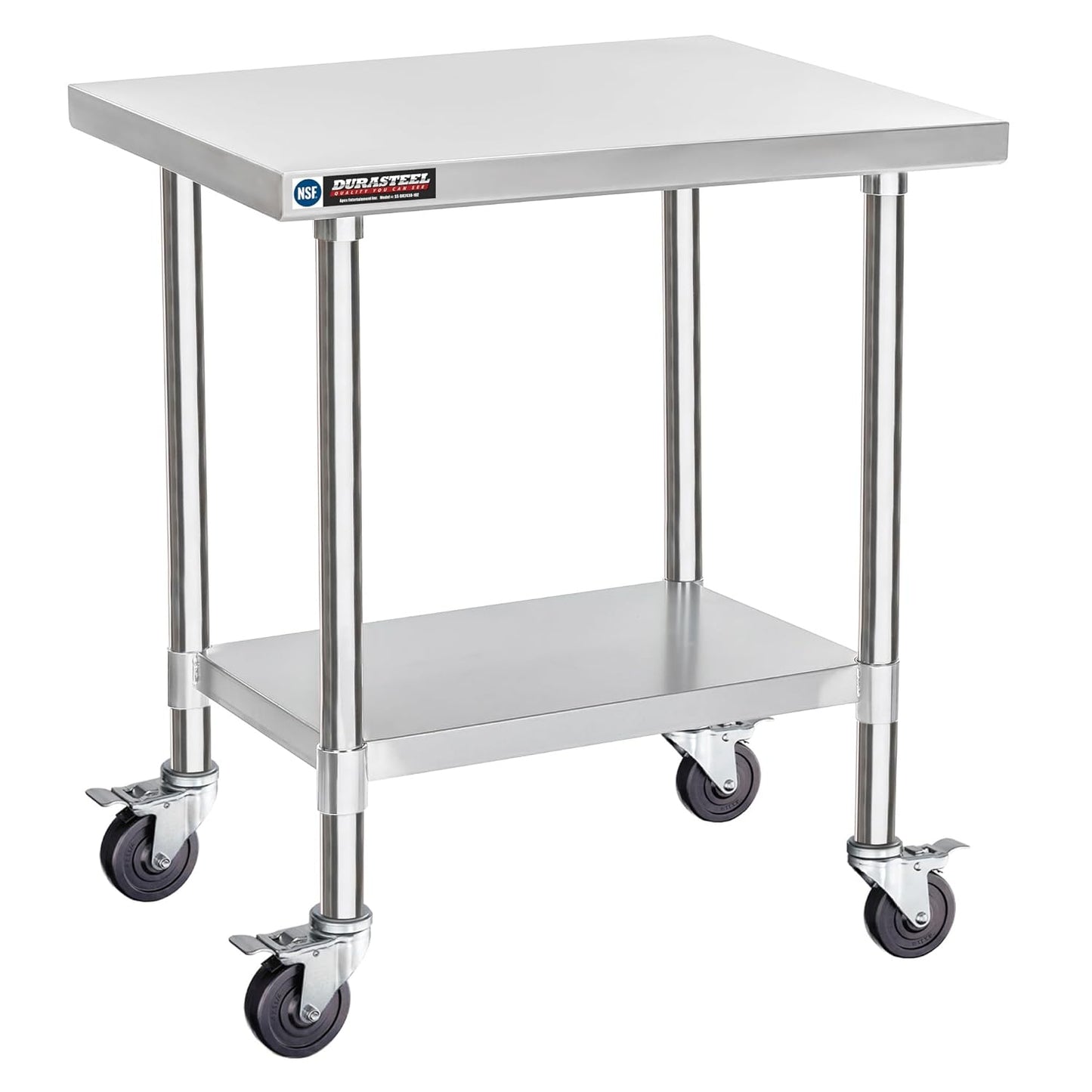 DuraSteel 30x24 NSF Stainless Steel Cart Work Table - Heavy Duty Rolling Food Prep Table - Metal