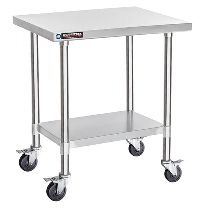 DuraSteel 30x24 NSF Stainless Steel Cart Work Table - Heavy Duty Rolling Food Prep Table - Metal