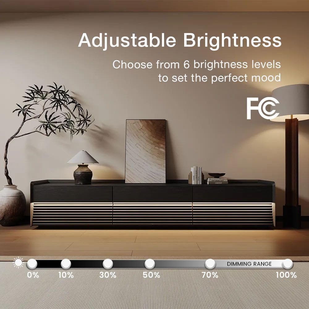 POVISON Fully-Assembled Mid Century Modern TV Stand, 94.49" Wood Media Console with Adjustable LED
