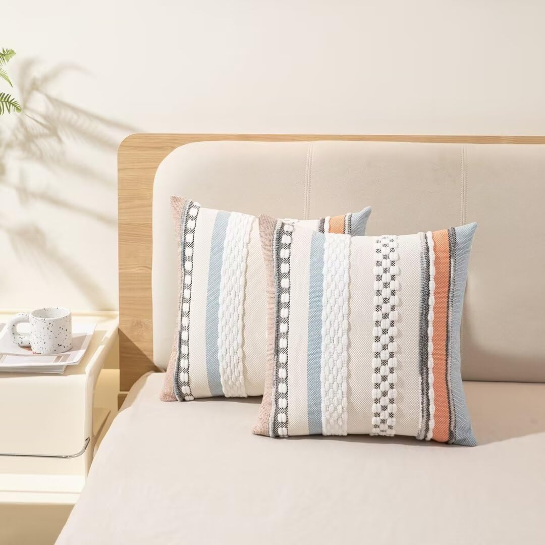 Boho Throw Pillow Covers 18x18 Set of 2 Farmhouse Decorative Cushion Case Striped Square Pillows