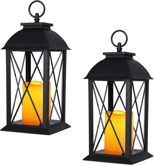2 Pack 13-Inch Black Decorative Lantern with LED Candle, Battery Operated, Lightweight and Durable