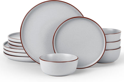 Famiware Mercury Plates and Bowls Sets, 12 Pieces Stoneware Dinnerware Sets, Dishes Set for 4